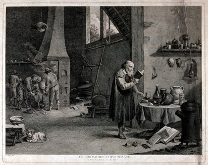 An alchemist reading a book; his assistants stirring the crucible on the other side of the room. Engraving by P.F. Basan after D. Teniers the younger.