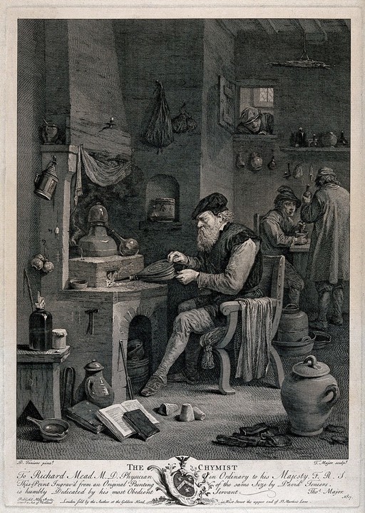 An alchemist using bellows in his furnace. Etching by T. Major, 1750, after D. Teniers the younger.