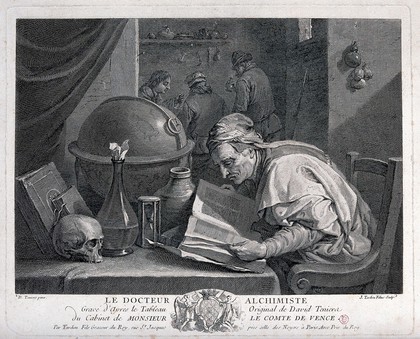 An alchemist poring over a book, on his table stand an hour-glass, a skull, and an astrological globe. Engraving by J.N. Tardieu after D. Teniers the younger, 1640/1650.