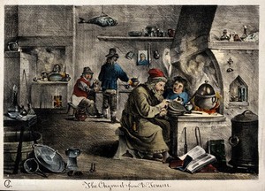 view An alchemist with his assistants in his laboratory. Coloured lithograph by J. Cullum, ca. 1840, after D. Teniers the younger, 1640/1650.