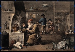 view An alchemist with his assistants in his laboratory. Coloured engraving after D. Teniers the younger, 1640/1650.