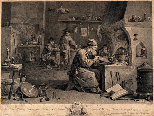 An alchemist with his assistants in his laboratory. Engraving by J.P. Le Bas after D. Teniers.