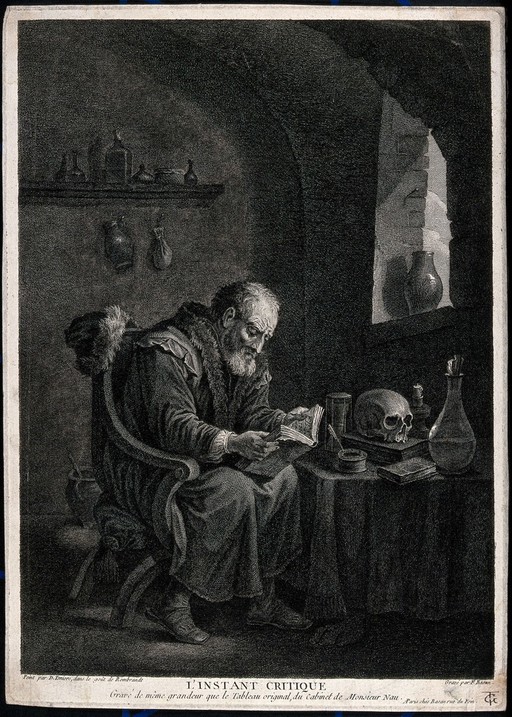 A scholar-alchemist pores over a book, searching for inspiration. Etching by F. Basan after D. Teniers the younger.