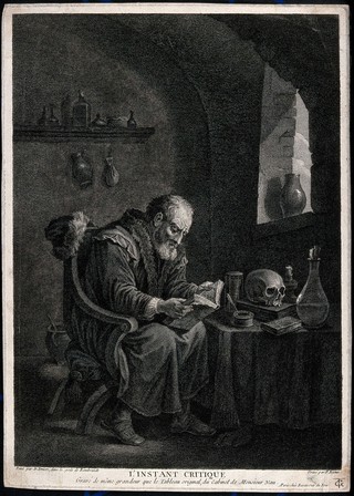A scholar-alchemist pores over a book, searching for inspiration. Etching by F. Basan after D. Teniers the younger.