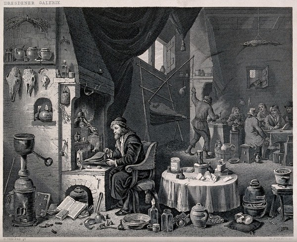 An alchemist of the 'puffer' (uninitiated) type, surrounded by equipment. Engraving by W. French after D. Teniers the younger.
