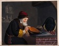 view An alchemist at his furnace, hunched over bellows. Coloured mezzotint by H. Dawe after D. Teniers the younger.