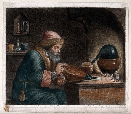 An alchemist at his furnace, hunched over bellows. Coloured etching by W. Baillie, 1792, after D. Teniers the younger.