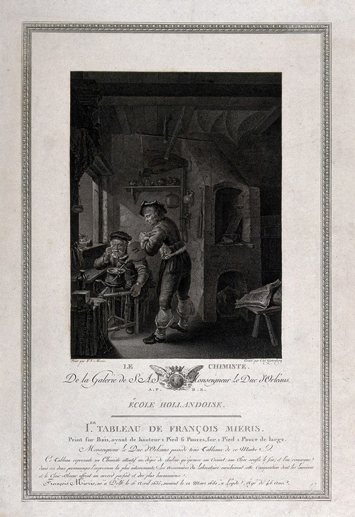 A young man blowing a bellows, while an alchemist watches through spectacles. Engraving by C. Guttenberg after F. van Mieris.