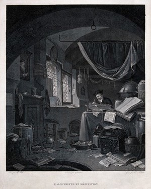 view An alchemist peacefully writing in a room strewn with papers. Engraving by V.A.L. Texier after F. Giani after T. Wyck.