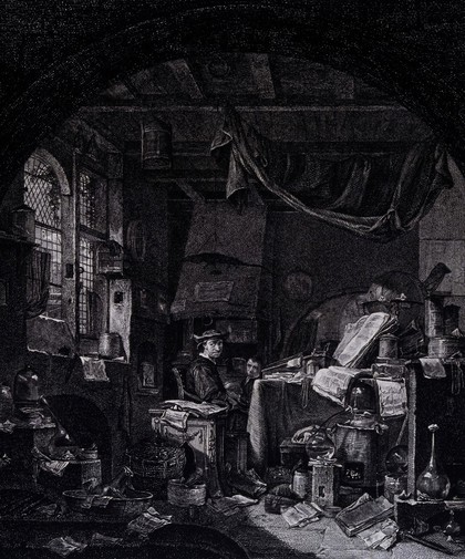 An alchemist in his untidy laboratory. Etching by L. Le Grand after T. Wyck.