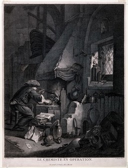 An alchemist stoking a furnace in a dimly lit room, as daylight shines through a window. Engraving by P-F. Basan after T. Wyck.