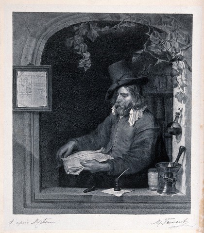 An apothecary with instruments of his profession seated in an arched window. Lithograph by M. Vernaut after G. Metsu.