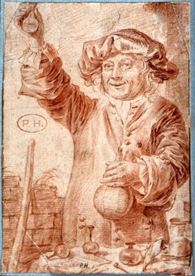 A medicine vendor holding up a small flask of medicine for sale. Red chalk drawing attributed to Nicolaes Walraven van Haeften.