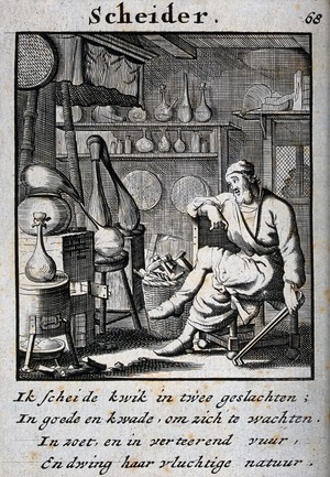 view An elderly alchemist sitting next to his equipment. Engraving by C. Weigel, 1698.