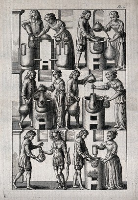 A man and a woman demonstrating the process of fermentation and distillation in alchemy. Etching, ca. 17th century.