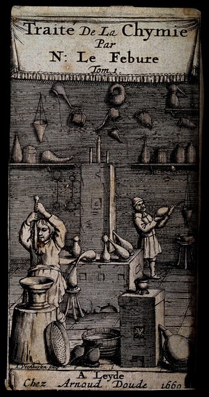 view Two workers in an alchemist's laboratory, surrounded by chemical receptacles and equipment. Engraving, 1669.