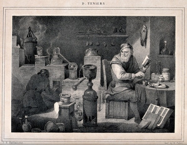 An alchemist with an assistant in his laboratory. Lithograph after D. Teniers the younger, 1650.