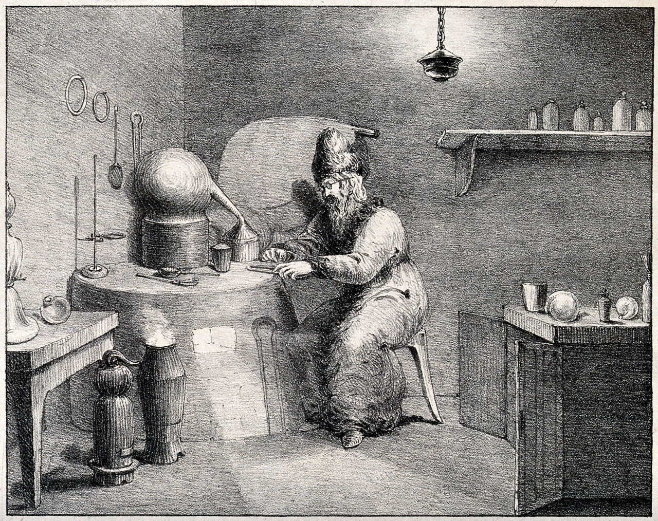 An alchemist wearing a tall hat, sitting at a table containing his chemical instruments. Lithograph by H. Wood after F. Howard., by Frank Howard