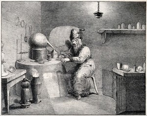 view An alchemist wearing a tall hat, sitting at a table containing his chemical instruments. Lithograph by H. Wood after F. Howard.