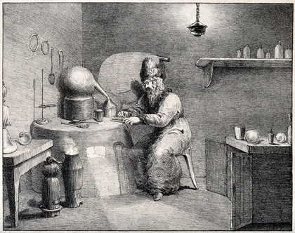 An alchemist wearing a tall hat, sitting at a table containing his chemical instruments. Lithograph by H. Wood after F. Howard.