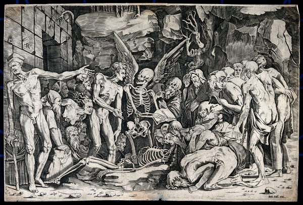 A winged figure of Death stands in front of a recumbent skeleton and tears out the pages of a book while a crowd of people watch him. Engraving by M. Dente (Marco da Ravenna), 152-, after Rosso Fiorentino and/or B. Bandinelli.