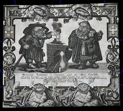 A dwarf alchemist and his assistant standing by a crucible. Etching, 18th century.