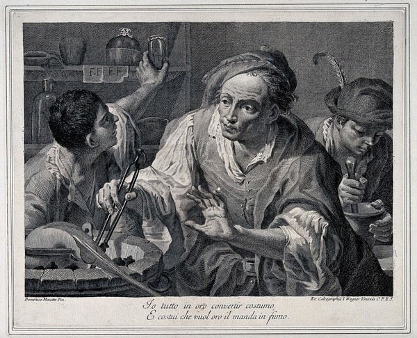 An alchemist holding tongs at his furnace. Etching by J. Wagner after D. Maggiotto.