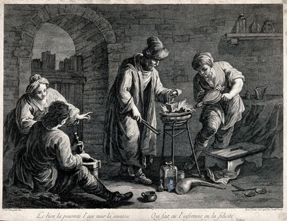 An alchemist working with his assistants at a crucible. Etching by F. Pedro after F. Maggiotto.