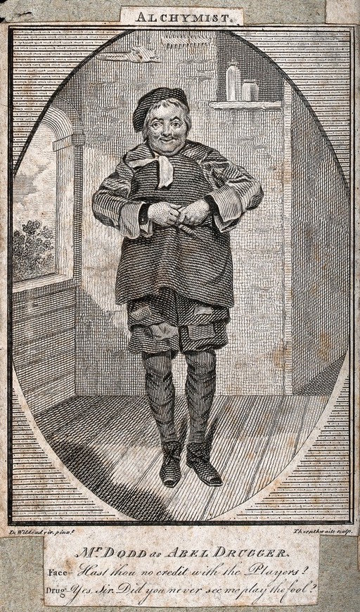 The actor Dodd as Abel Drugger in Ben Jonson's 'The alchemist'. Engraving by J. Thornthwaite after S. de Wilde.