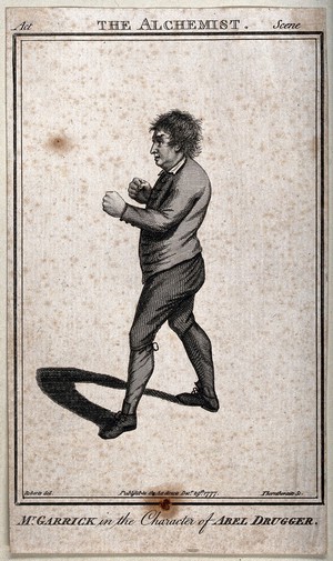 view Abel Drugger, from Ben Jonson's 'The alchemist', in a posture of combat. Engraving by J. Thornthwaite, 1777, after Roberts.