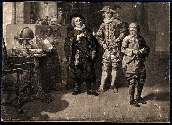 Garrick, Burton and Palmer in a production of Ben Jonson's 'The alchemist'. Mezzotint, 1772 (?).
