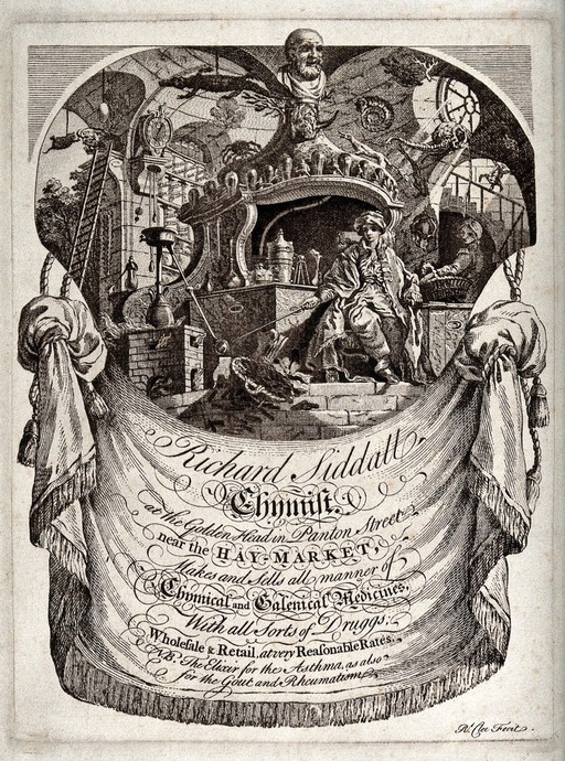 Advertisement for Richard Siddall, chemist, featuring a pharmacist surrounded by symbols of chemistry. Etching by R. Clee.