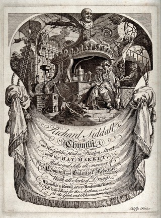 A chemist, surrounded by symbols and instruments of chemistry, advertising Richard Siddall, chemist in London. Etching by R. Clee, ca. 1750, after J. de Lajoue, ca. 1735.