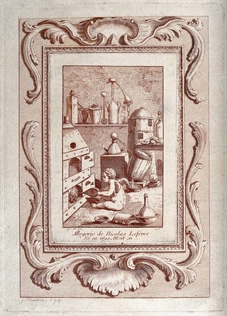An infant blowing bellows into a furnace; allegory of the role of N. Lefevre in chemistry. Etching (portrait) after R.M. Pariset, and etching (border) by J-G. Blanchon after himself.