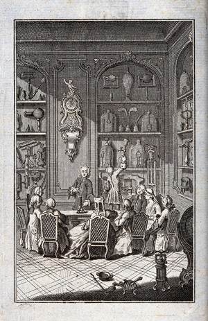 view Abbé Jean-Antoine Nollet demonstrating chemical experiments to a party of ladies and gentlemen. Engraving, ca. 1750.