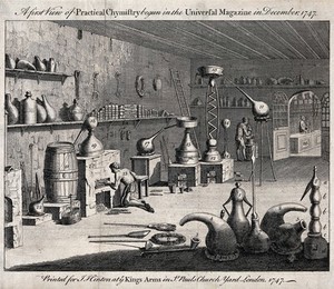 view Interior of a pharmaceutical laboratory behind a shop, with people at work, the shop is visible through a doorway. Engraving, 1747.