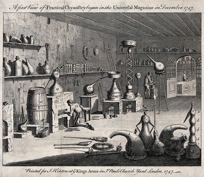 Interior of a pharmaceutical laboratory behind a shop, with people at work, the shop is visible through a doorway. Engraving, 1747.