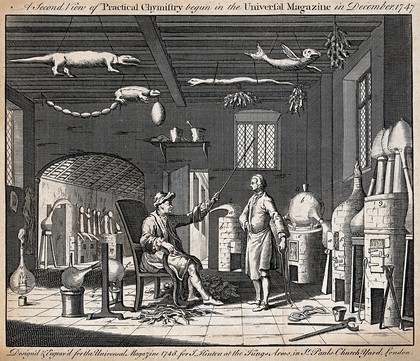 A chemist's laboratory, with the apparatus numbered for a key. Engraving, 1748.