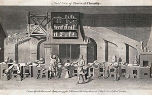 view A large chemical laboratory filled with distilling apparatus and many types of glass vessel. Engraving, 177-.