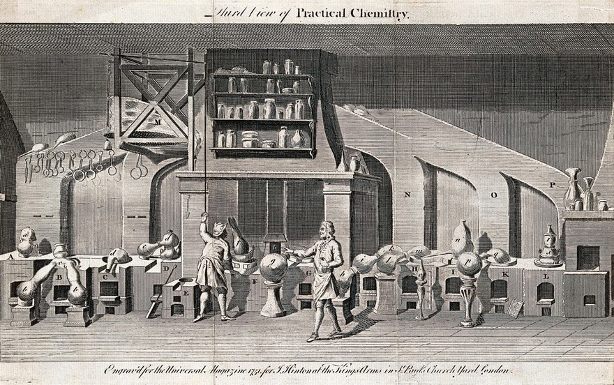 A large chemical laboratory filled with distilling apparatus and many types of glass vessel. Engraving, 177-.