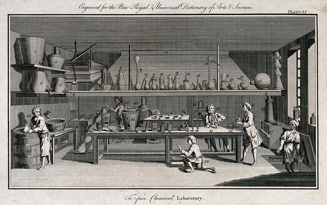 Workers using apparatus in a chemical laboratory. Etching, ca. 1769.