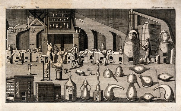 A large chemical laboratory filled with apparatus and types of glass vessel. Engraving, 1778.