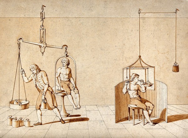 A man being weighed on a set of scales, and a man with his head in a glass container; showing Lavoisier's experiments with respiration. Drawing attributed to M.A.P. Lavoisier, ca. 1790.