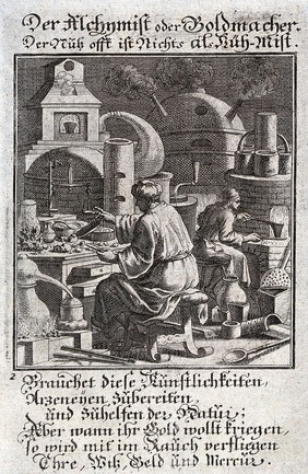 Two alchemists seeming to produce gold from a furnace; the accompanying text satirises those who pursue alchemy for gold alone. Engraving by C. Weigel, 1698.