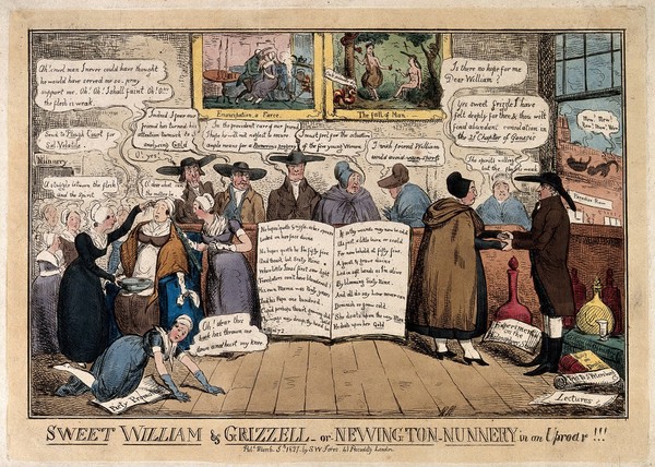 A room of Quakers gossiping about the marriage of William Allen to Mrs. Grizell Birkbeck, seen on the left, affirming their vows. Coloured etching by R.I. Cruikshank, 1827.