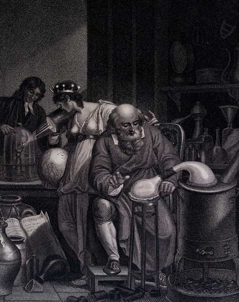 A man in the foreground conducts an alchemical experiment with an alembic; in the background a female figure representing the world looks at a chemist, who prepares an oxygen experiment with a glass jar and a candle; representing the historical transition from alchemy to chemistry. Stipple engraving by J. Chapman, 1805, after R. Corbould.