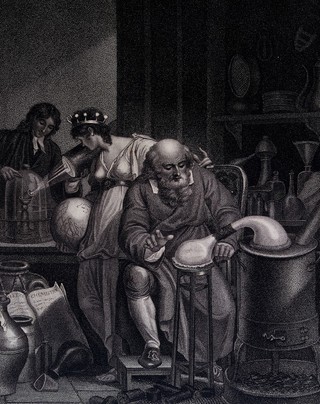 A man in the foreground conducts an alchemical experiment with an alembic; in the background a female figure representing the world looks at a chemist, who prepares an oxygen experiment with a glass jar and a candle; representing the historical transition from alchemy to chemistry. Stipple engraving by J. Chapman, 1805, after R. Corbould.