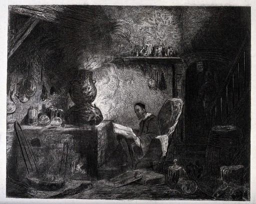 An alchemist reading in a smoky study. Drypoint etching by A. Bouquet after L-G-E. Isabey.