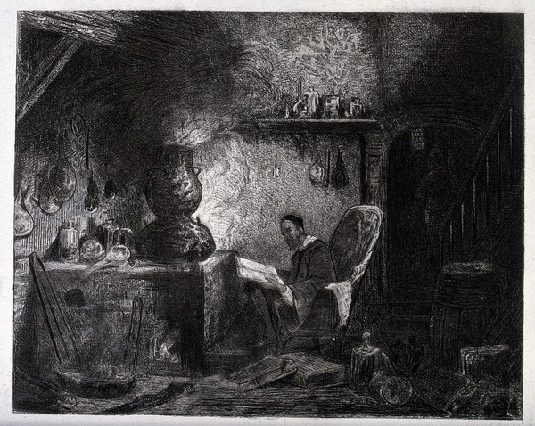 An alchemist reading in a smoky study. Etching by A. Bouquet after L-G-E. Isabey.