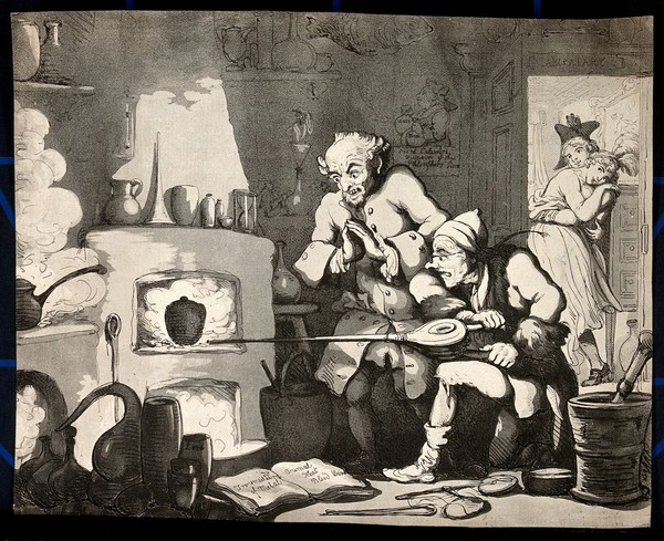 An alchemist and his assistant hoping to turn base metal into gold. Aquatint after T. Rowlandson.